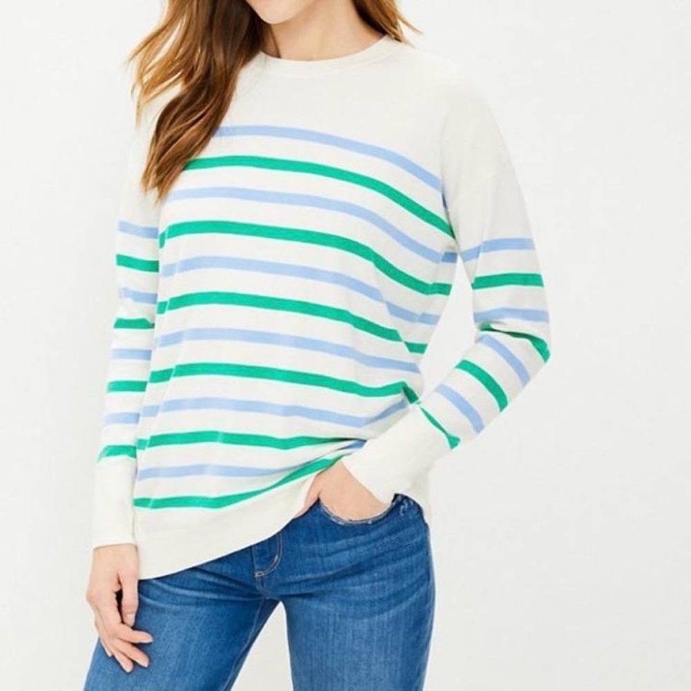 NWT  LOFT  Cream, Blue & Green Striped Tunic Pullover Sweater - XS